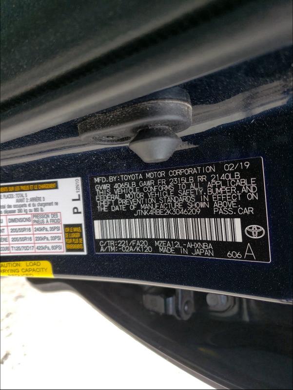 Photo 10 from auction – 2019 TOYOTA COROLLA SE with VIN JTNK4RBE2K3046209