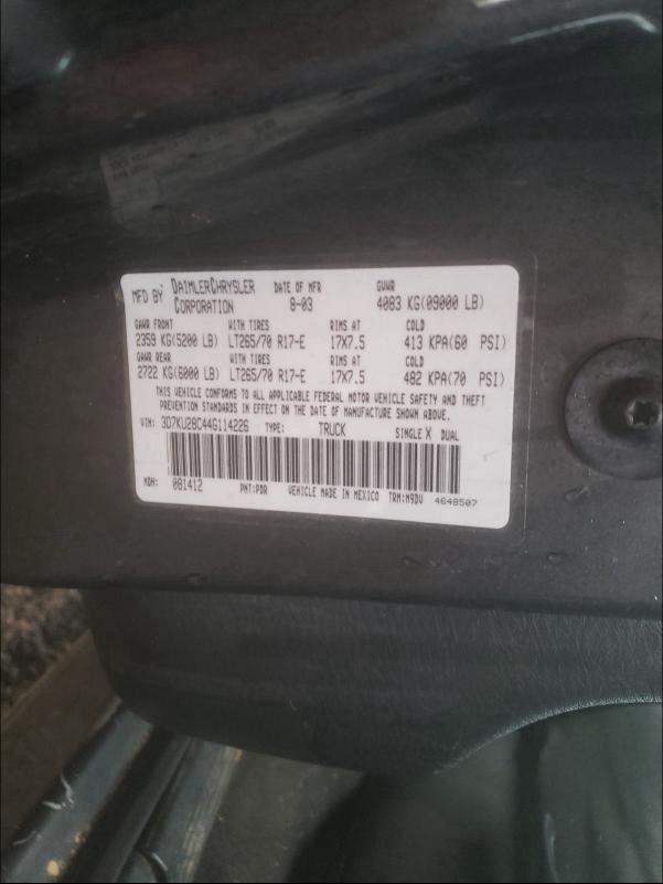 Photo 10 from auction – 2004 DODGE RAM 2500 S with VIN 3D7KU28C44G114226
