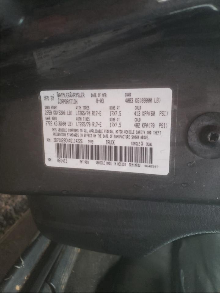 Photo 20 from auction – 2004 DODGE RAM 2500 S with VIN 3D7KU28C44G114226