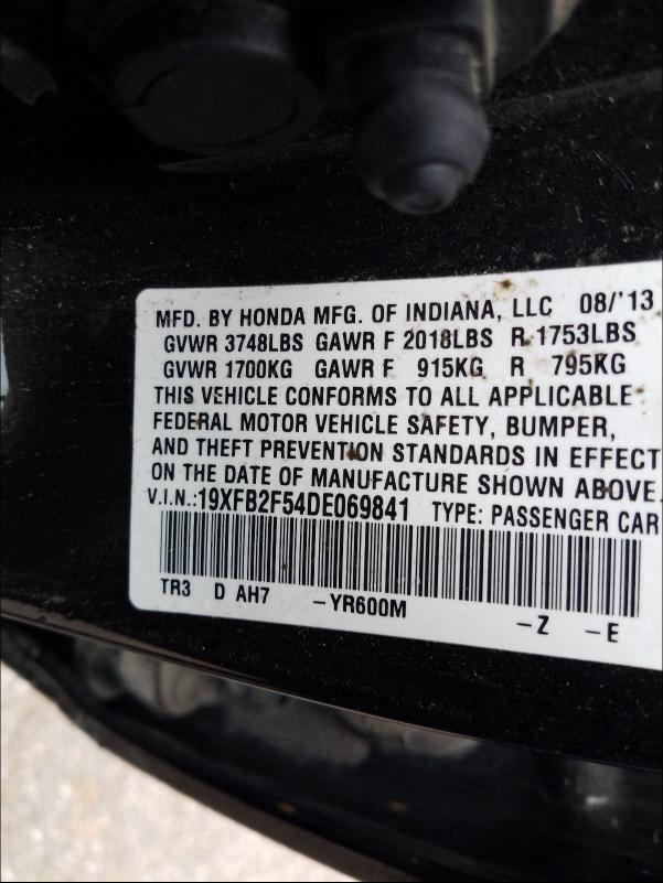 Photo 10 from auction – 2013 HONDA CIVIC LX with VIN 19XFB2F54DE069841