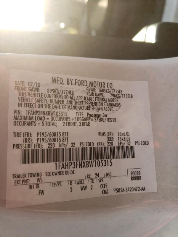 Photo 10 from auction – 2011 FORD FOCUS SE with VIN 1FAHP3FNXBW105315