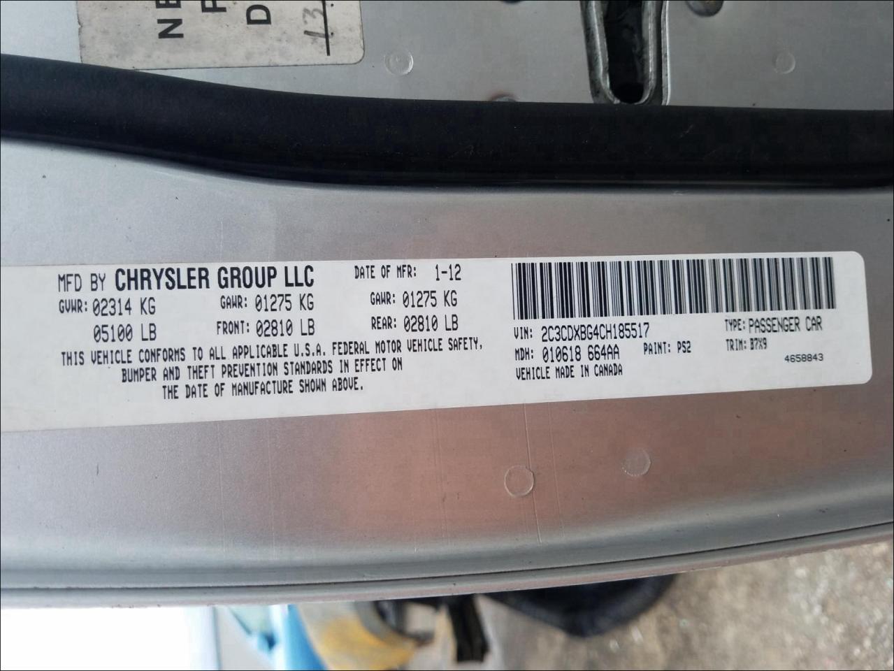 Photo 10 from auction – 2012 DODGE CHARGER SE with VIN 2C3CDXBG4CH185517