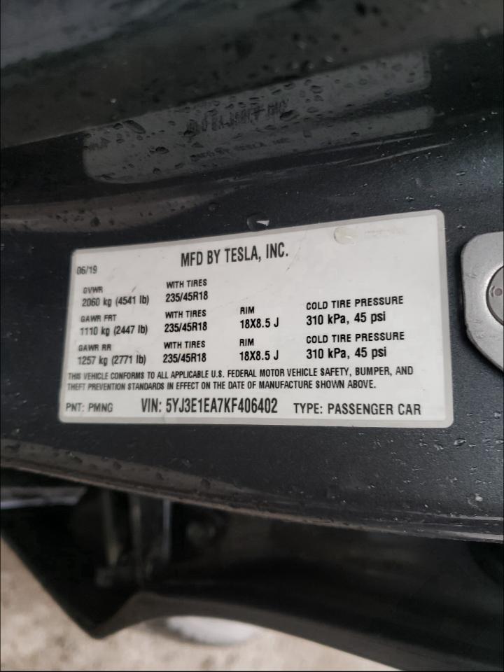Photo 10 from auction – 2019 TESLA MODEL 3 with VIN 5YJ3E1EA7KF406402