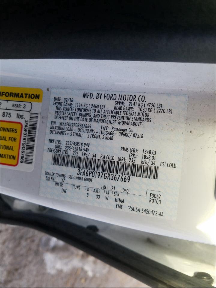 Photo 10 from auction – 2016 FORD FUSION SE with VIN 3FA6P0T97GR367669