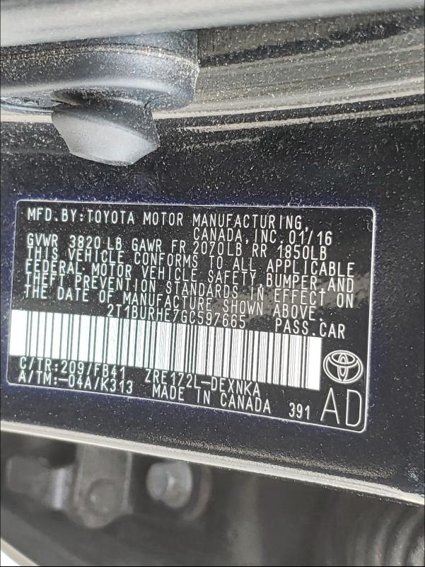 Photo 10 from auction – 2016 TOYOTA COROLLA L with VIN 2T1BURHE7GC597665