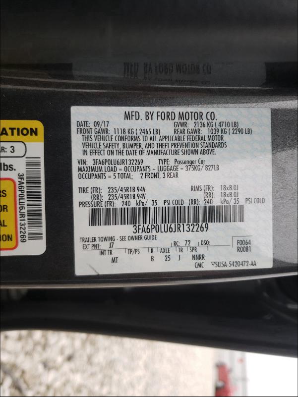 Photo 10 from auction – 2018 FORD FUSION SE with VIN 3FA6P0LU6JR132269