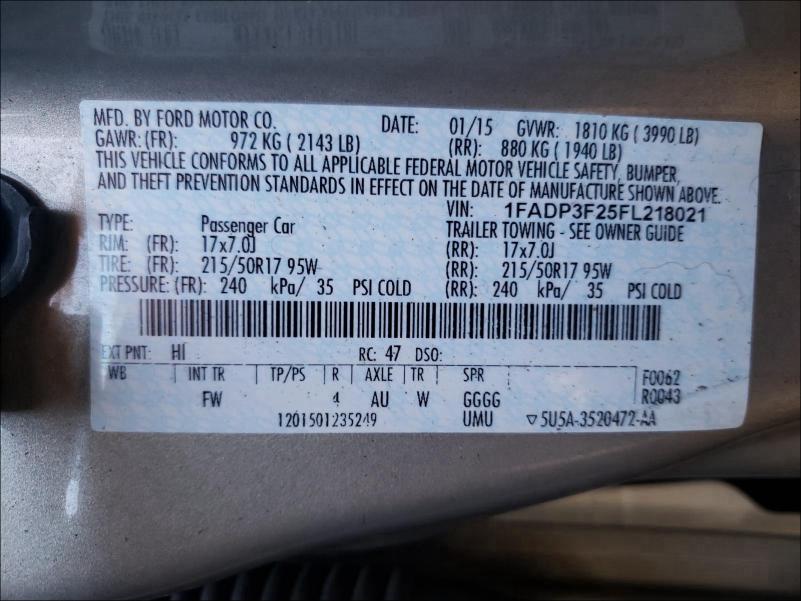 Photo 10 from auction – 2015 FORD FOCUS SE with VIN 1FADP3F25FL218021
