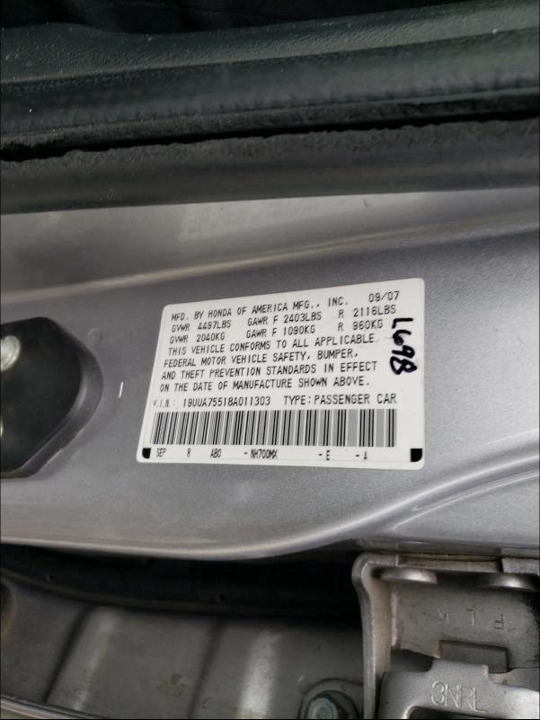 Photo 10 from auction – 2008 ACURA TL TYPE S with VIN 19UUA75518A011303