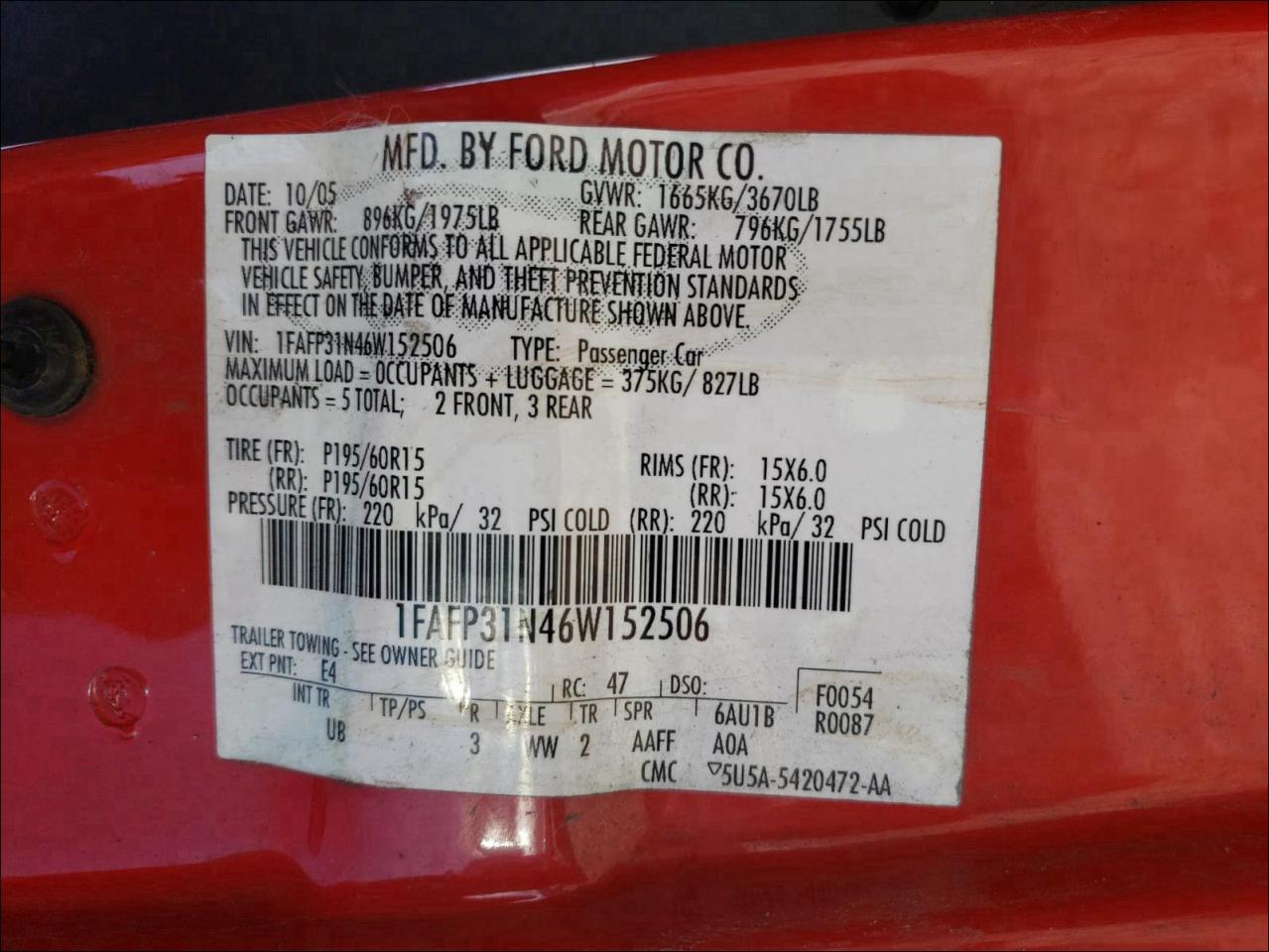 Photo 10 from auction – 2006 FORD FOCUS with VIN 1FAFP31N46W152506
