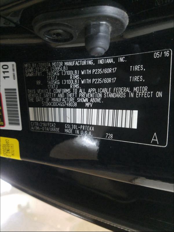 Photo 10 from auction – 2016 TOYOTA SIENNA LE with VIN 5TDKK3DC4GS748038