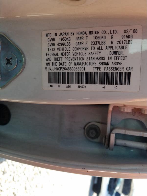 Photo 10 from auction – 2008 HONDA ACCORD LXP with VIN JHMCP26488C058901