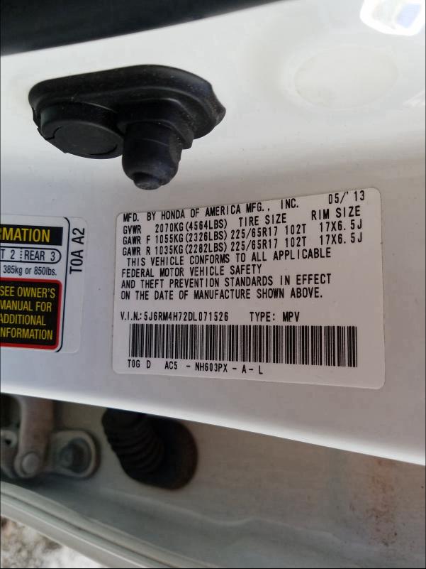 Photo 10 from auction – 2013 HONDA CR-V EXL with VIN 5J6RM4H72DL071526