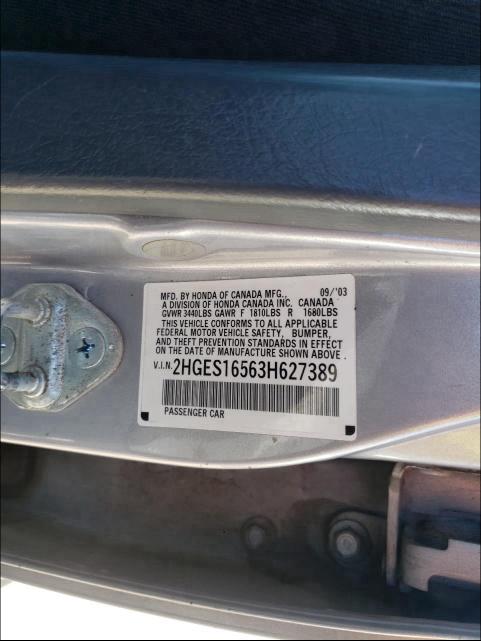 Photo 10 from auction – 2003 HONDA CIVIC LX with VIN 2HGES16563H627389
