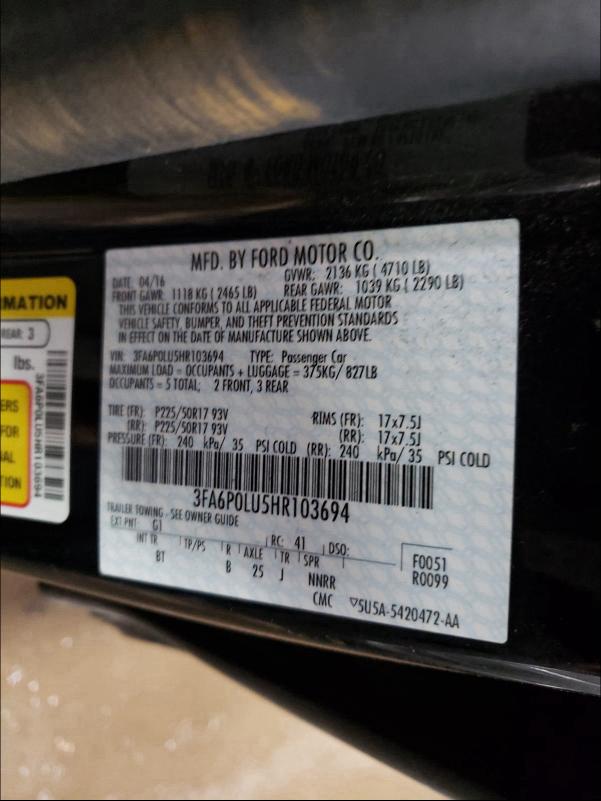Photo 10 from auction – 2017 FORD FUSION with VIN 3FA6P0LU5HR103694