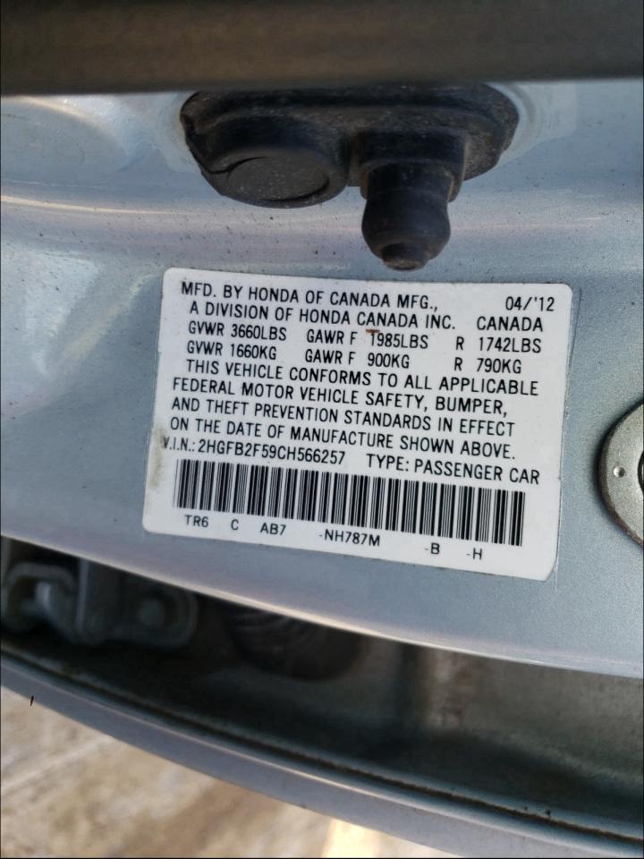 Photo 10 from auction – 2012 HONDA CIVIC LX with VIN 2HGFB2F59CH566257