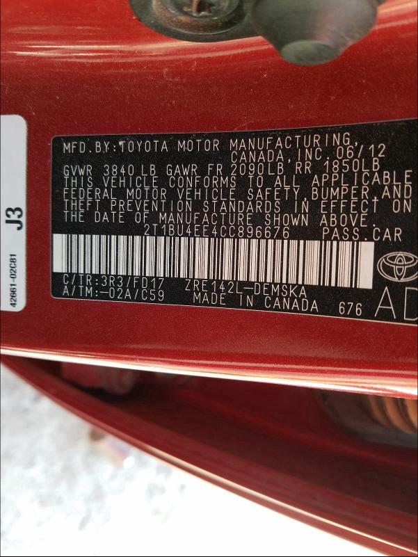 Photo 10 from auction – 2012 TOYOTA COROLLA BA with VIN 2T1BU4EE4CC896676
