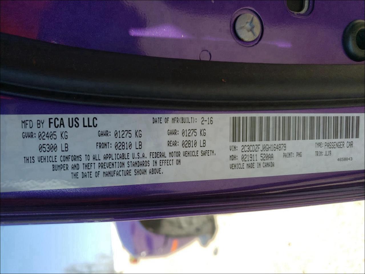 Photo 10 from auction – 2016 DODGE CHALLENGER with VIN 2C3CDZFJ0GH164879