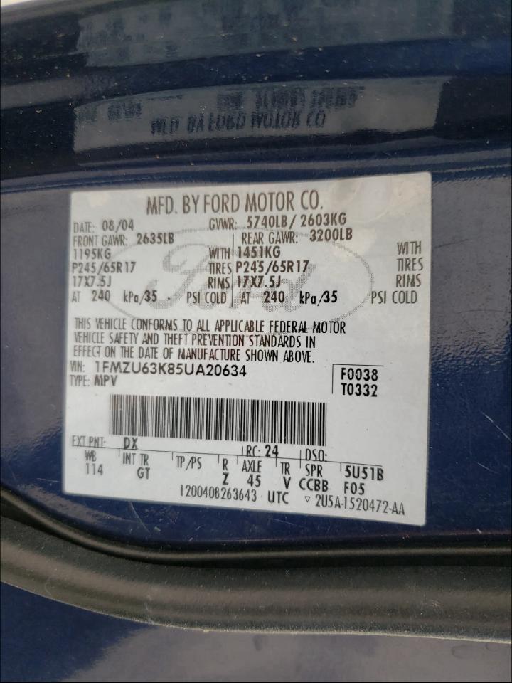 Photo 10 from auction – 2005 FORD EXPLORER with VIN 1FMZU63K85UA20634