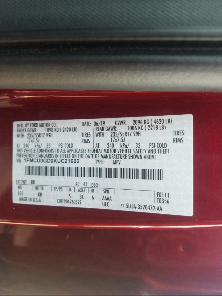 Photo 10 from auction – 2019 FORD ESCAPE SE with VIN 1FMCU0GD0KUC21602