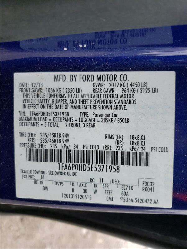 Photo 10 from auction – 2014 FORD FUSION SE with VIN 1FA6P0HD5E5371958