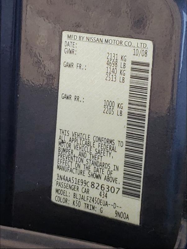Photo 10 from auction – 2009 NISSAN MAXIMA S with VIN 1N4AA51E99C826307