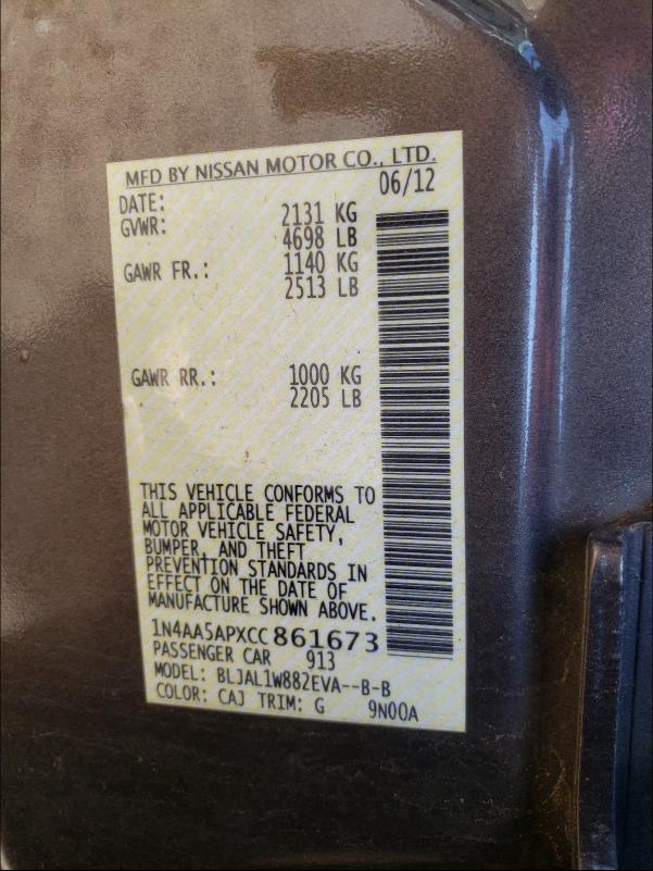 Photo 10 from auction – 2012 NISSAN MAXIMA S with VIN 1N4AA5APXCC861673