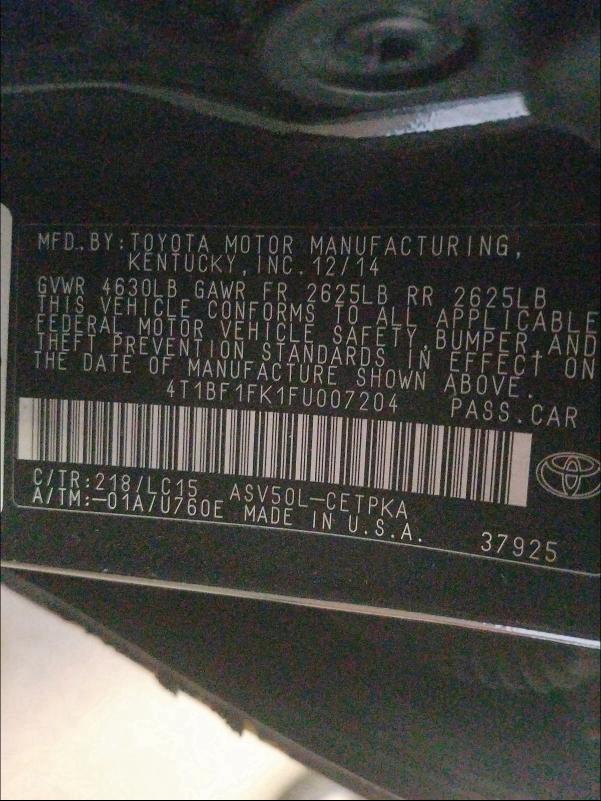 Photo 10 from auction – 2015 TOYOTA CAMRY LE with VIN 4T1BF1FK1FU007204