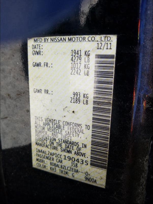 Photo 10 from auction – 2012 NISSAN ALTIMA BAS with VIN 1N4AL2AP1CC190435