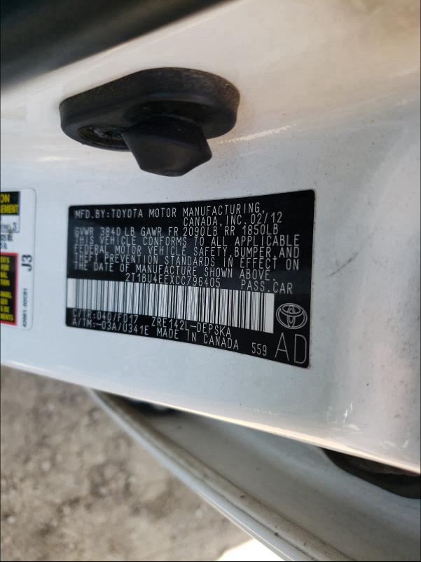 Photo 10 from auction – 2012 TOYOTA COROLLA BA with VIN 2T1BU4EEXCC796405