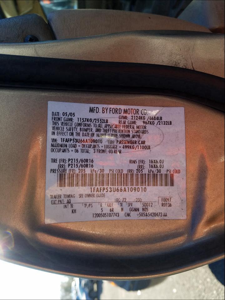 Photo 10 from auction – 2006 FORD TAURUS SE with VIN 1FAFP53U66A109010