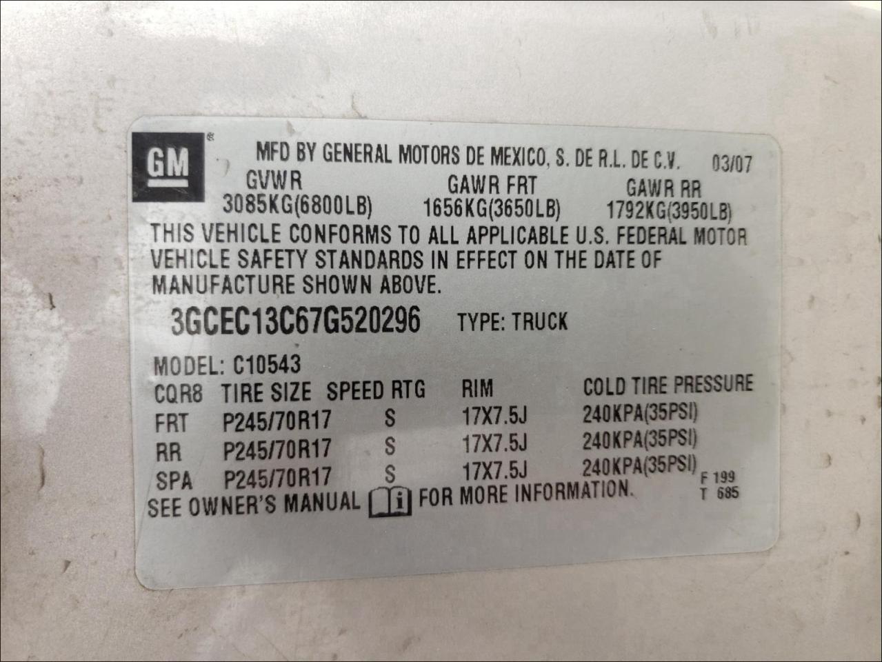 Photo 10 from auction – 2007 CHEVROLET SILVERADO with VIN 3GCEC13C67G520296