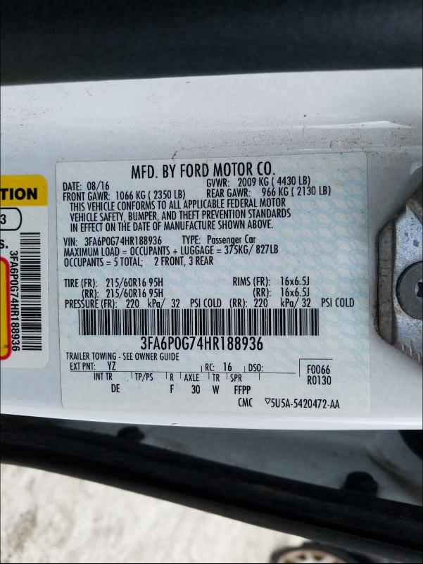 Photo 10 from auction – 2017 FORD FUSION S with VIN 3FA6P0G74HR188936
