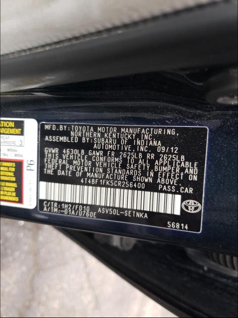 Photo 10 from auction – 2012 TOYOTA CAMRY BASE with VIN 4T4BF1FK5CR256400