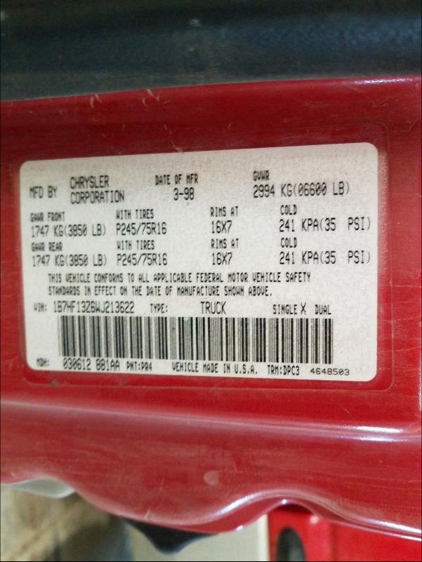 Photo 10 from auction – 1998 DODGE RAM 1500 with VIN 1B7HF13Z6WJ213622
