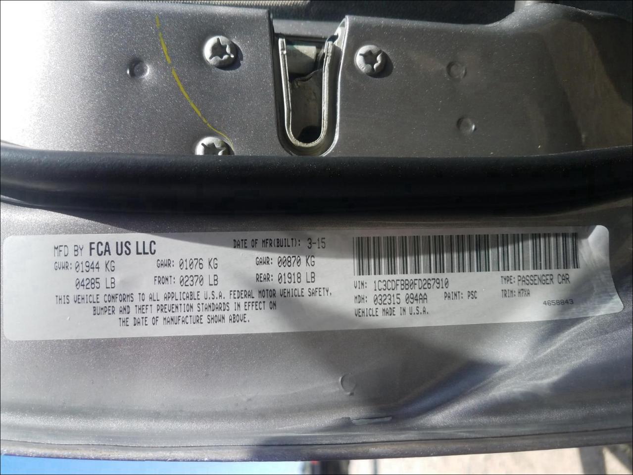Photo 10 from auction – 2015 DODGE DART SXT with VIN 1C3CDFBB0FD267910
