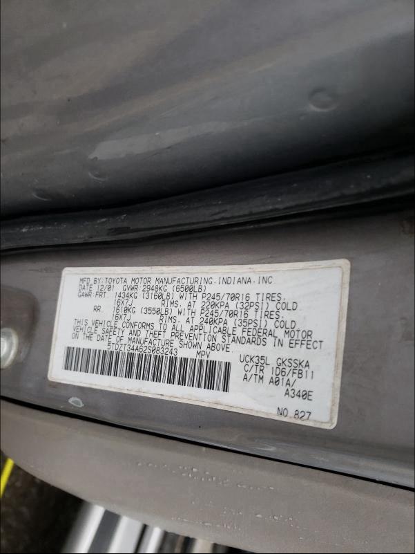 Photo 10 from auction – 2002 TOYOTA SEQUOIA SR with VIN 5TDZT34A62S083243