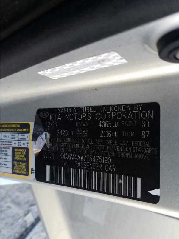 Photo 10 from auction – 2014 KIA OPTIMA with VIN KNAGM4A77E5475190