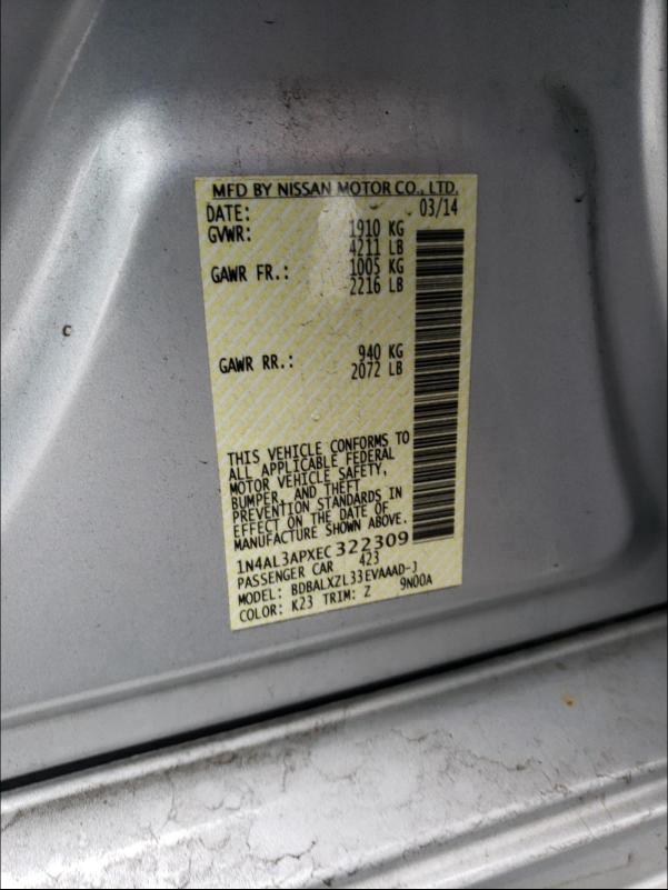 Photo 10 from auction – 2014 NISSAN ALTIMA 2.5 with VIN 1N4AL3APXEC322309