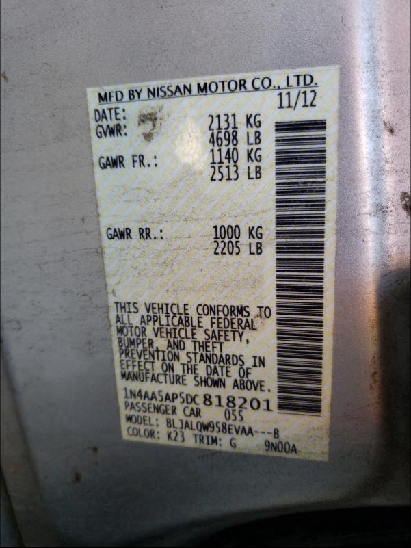 Photo 10 from auction – 2013 NISSAN MAXIMA S with VIN 1N4AA5AP5DC818201