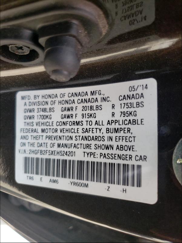 Photo 10 from auction – 2014 HONDA CIVIC LX with VIN 2HGFB2F5XEH524201