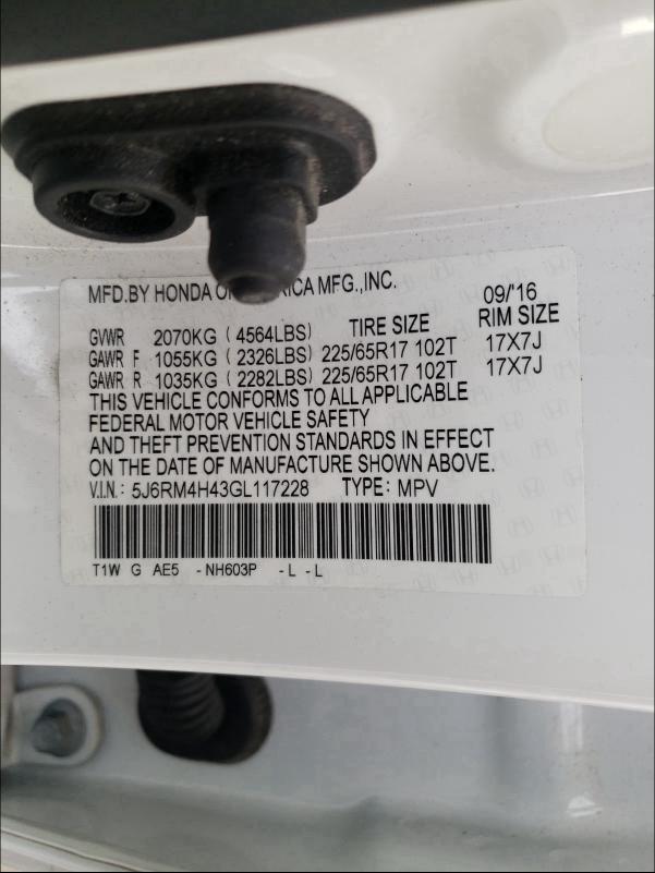 Photo 10 from auction – 2016 HONDA CR-V SE with VIN 5J6RM4H43GL117228
