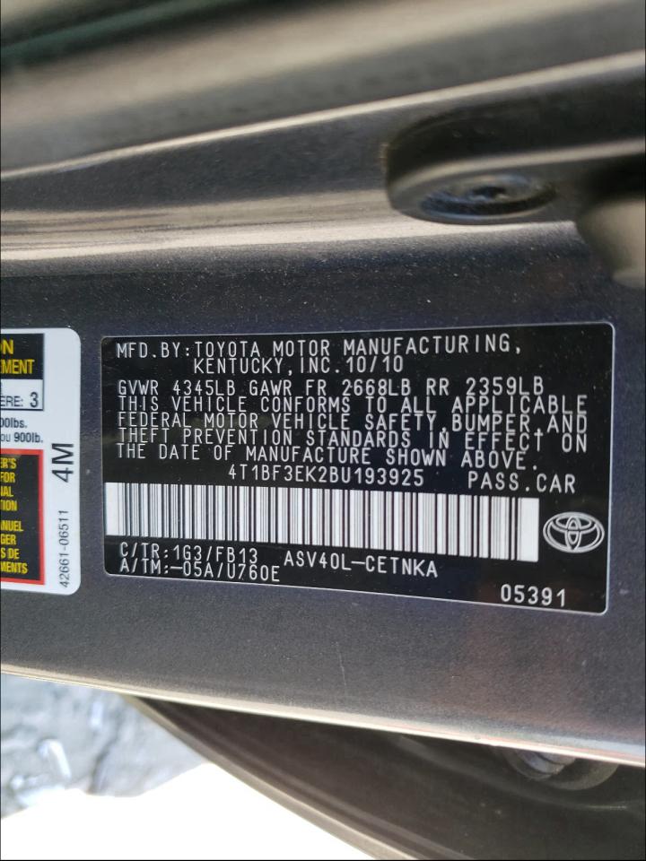 Photo 10 from auction – 2011 TOYOTA CAMRY BASE with VIN 4T1BF3EK2BU193925