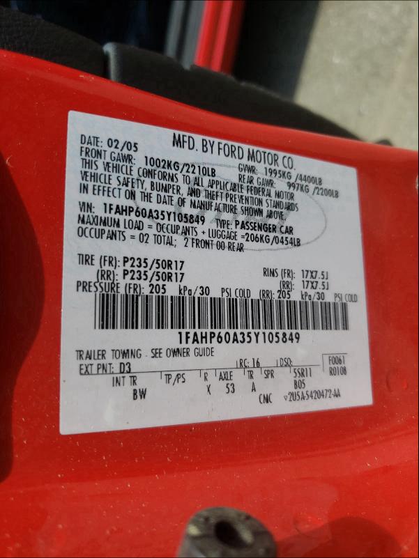Photo 10 from auction – 2005 FORD THUNDERBIR with VIN 1FAHP60A35Y105849
