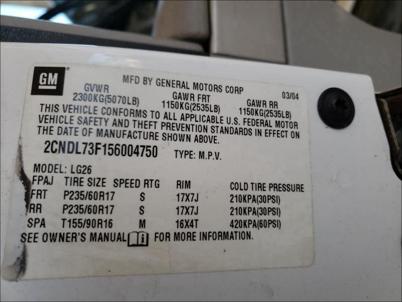 Photo 10 from auction – 2005 CHEVROLET EQUINOX LT with VIN 2CNDL73F156004750