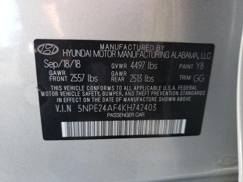 Photo 10 from auction – 2019 HYUNDAI SONATA SE with VIN 5NPE24AF4KH742403
