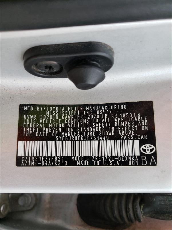 Photo 10 from auction – 2018 TOYOTA COROLLA L with VIN 5YFBURHE6JP751449