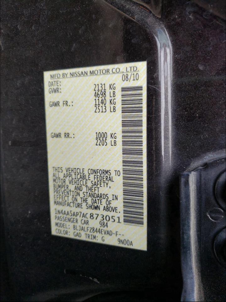 Photo 10 from auction – 2010 NISSAN MAXIMA S with VIN 1N4AA5AP7AC873051