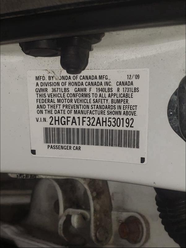 Photo 10 from auction – 2010 HONDA CIVIC VP with VIN 2HGFA1F32AH530192