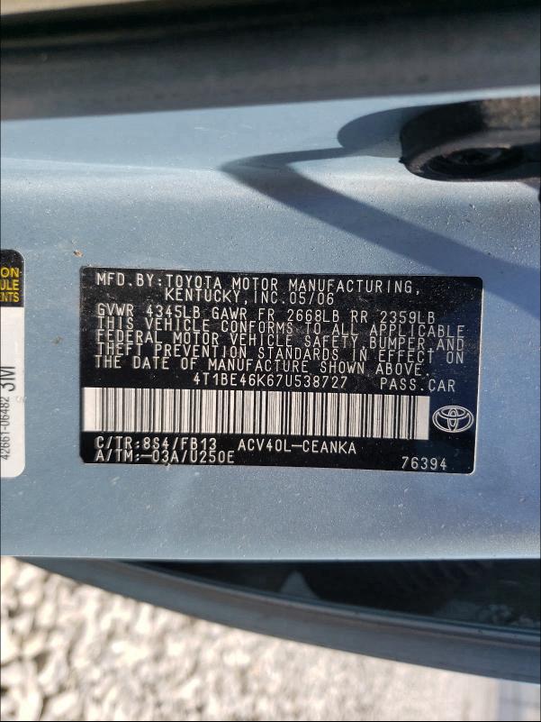 Photo 10 from auction – 2007 TOYOTA CAMRY with VIN 4T1BE46K67U538727
