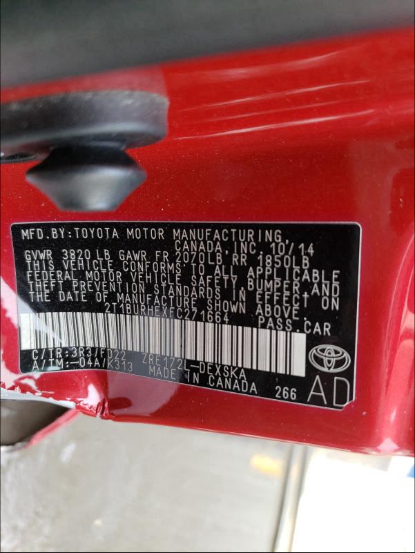Photo 10 from auction – 2015 TOYOTA COROLLA L with VIN 2T1BURHEXFC271664